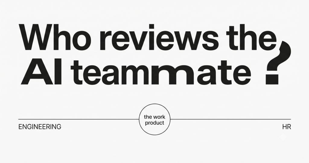 the title "Who reviews the AI teammate?" set in bold sans-serif (Branco brand typeface: apply current brand guide). Question mark sized prominently. Below the title, a single thin horizontal divider line splits the canvas; the left side reads "Engineering" in small caps, the right side reads "HR" in small caps, and at the divider's center a small node reads "the work product".