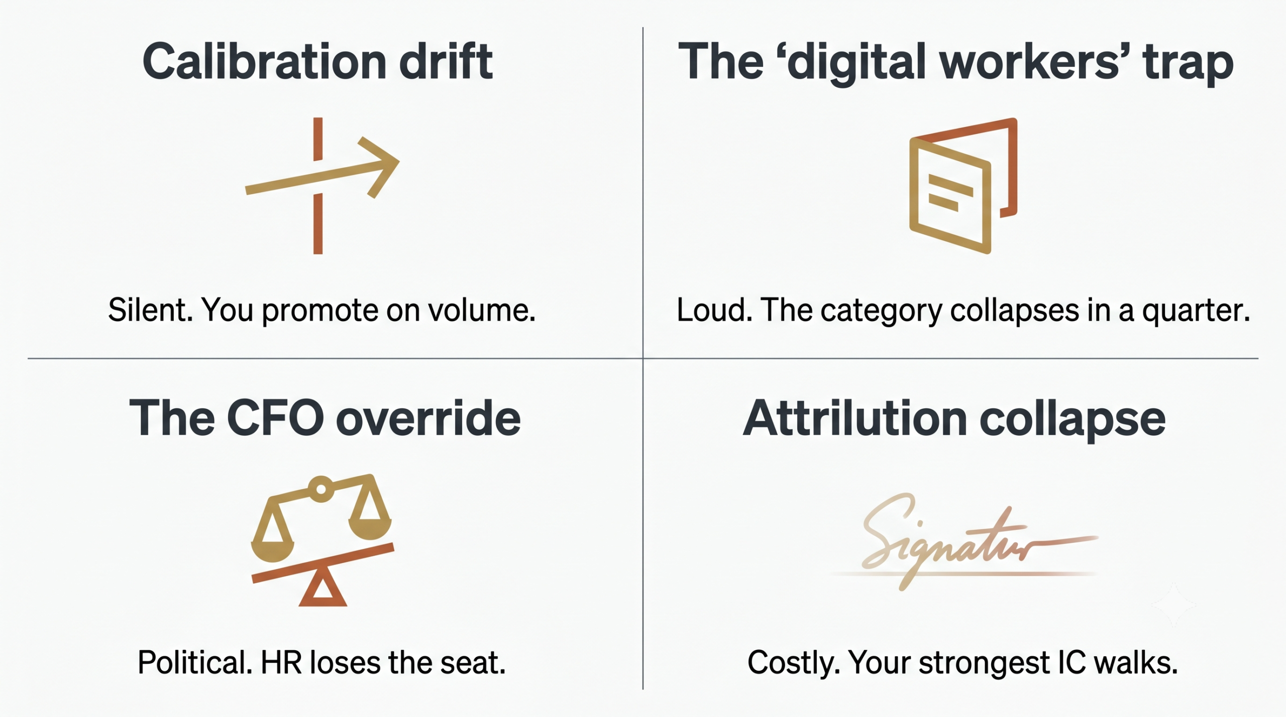 A four-quadrant poster of the four failure modes. Calibration drift is silent and promotes on volume. The digital workers trap is loud and collapses in a quarter. The CFO override is political and costs HR the seat. Attribution collapse is costly and your strongest IC walks.