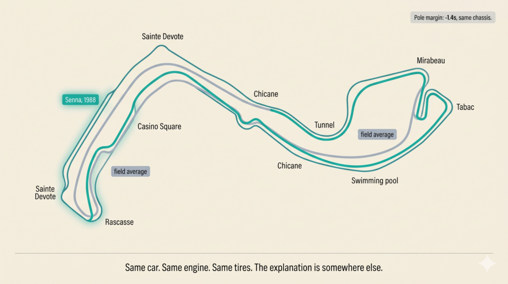 F1 telemetry overlay on a stylized Monaco circuit outline. Two racing lines: Senna 1988 vs. field average.