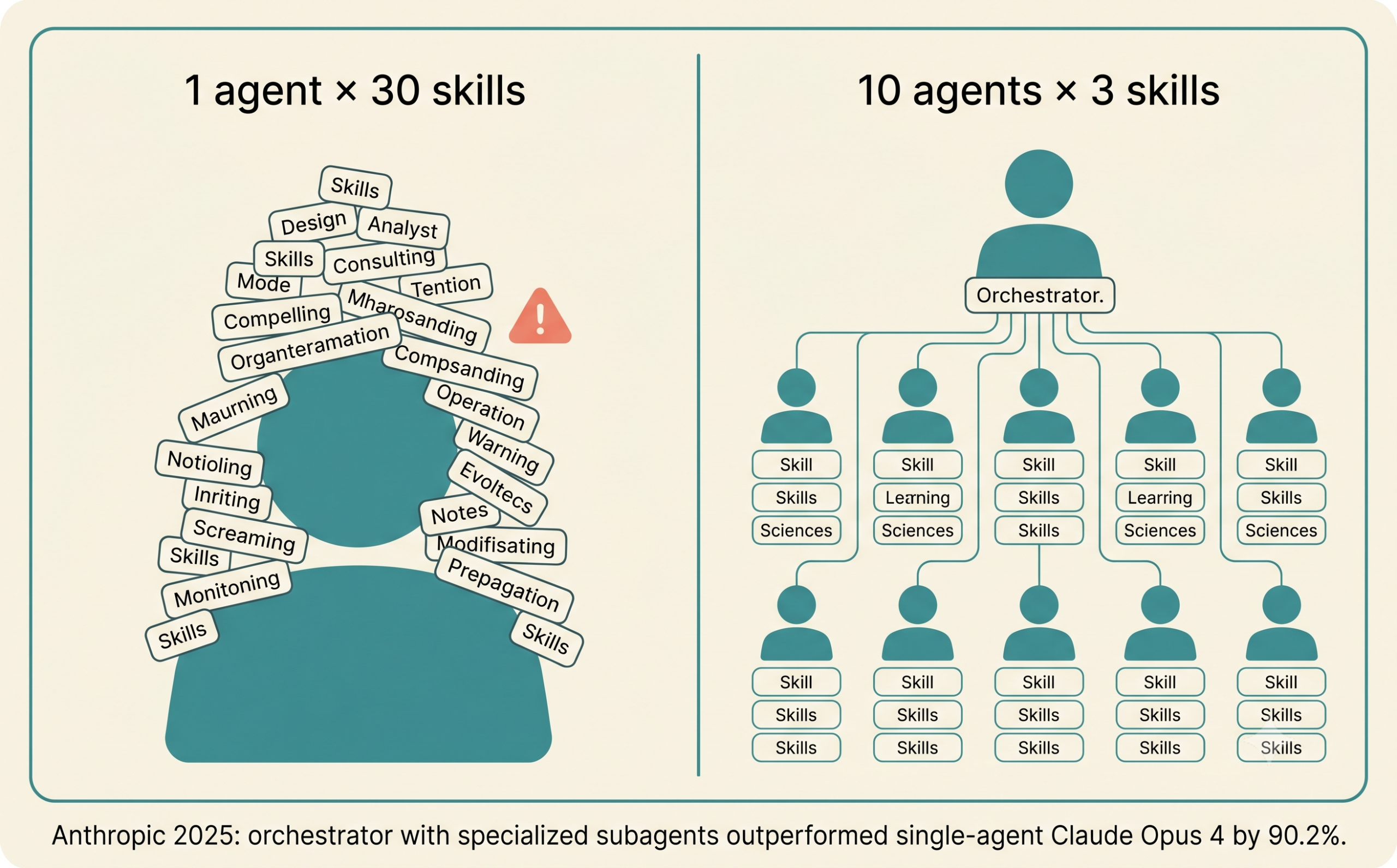 A side-by-side comparison. Left side labeled '1 agent x 30 skills' shows one large agent silhouette overflowing with skill labels piled on top of each other in a messy stack. Right side labeled '10 agents x 3 skills' shows a clean orchestrator pattern: one lead agent at the top connected to ten smaller specialized agents below, each with three neatly listed skills. Below the comparison, a footer reads '90.2% lift on Anthropic internal eval (Anthropic, 2025).'